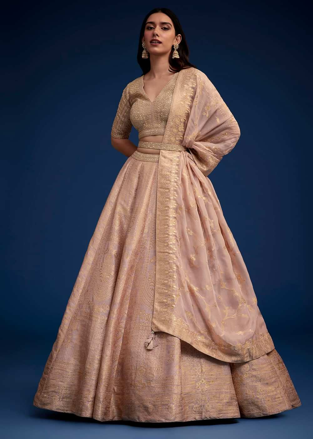 Rose Gold Brocade Lehenga Set With Belt