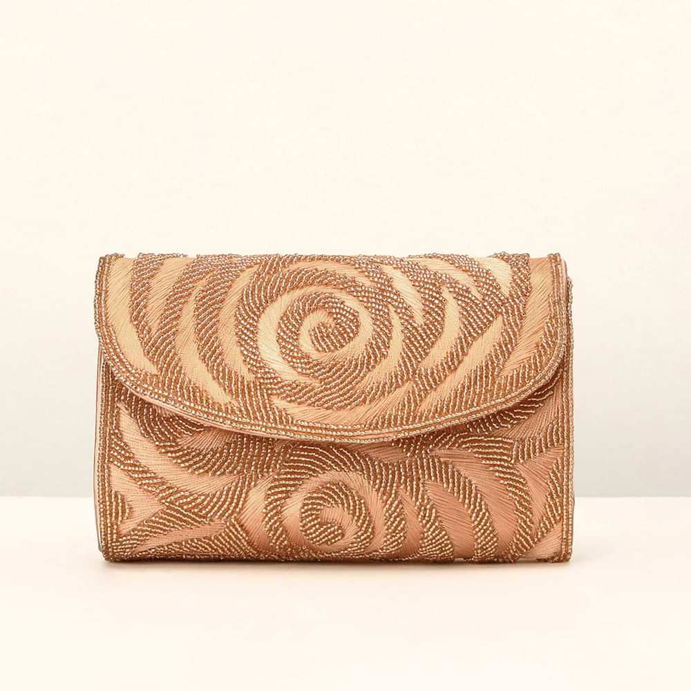 Rose Gold Clutch With Resham And Beads Embroidered Spiral Design