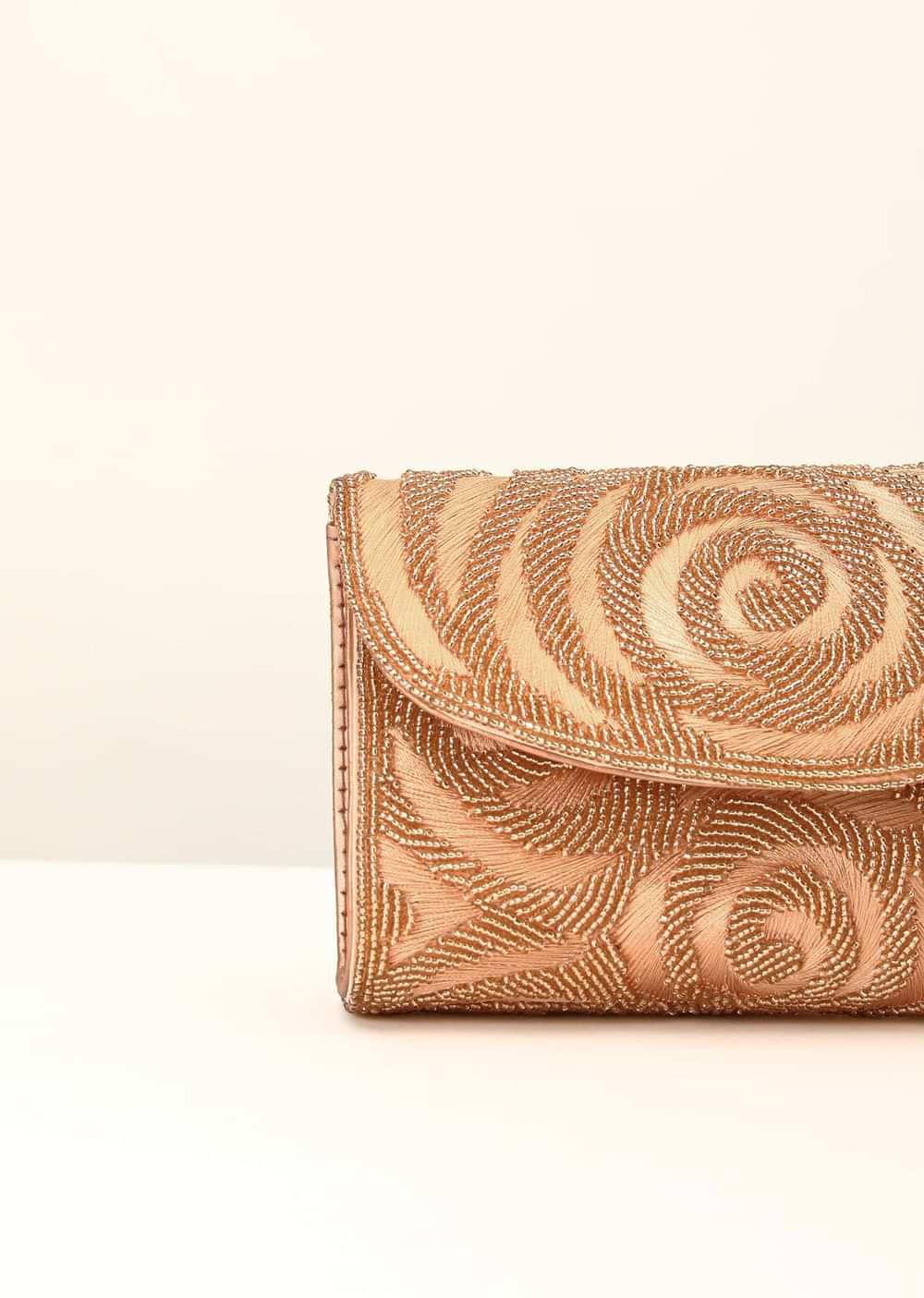 Rose Gold Clutch With Resham And Beads Embroidered Spiral Design