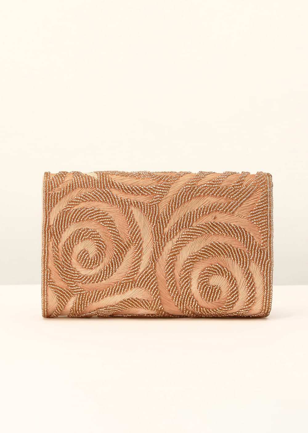 Rose Gold Clutch With Resham And Beads Embroidered Spiral Design