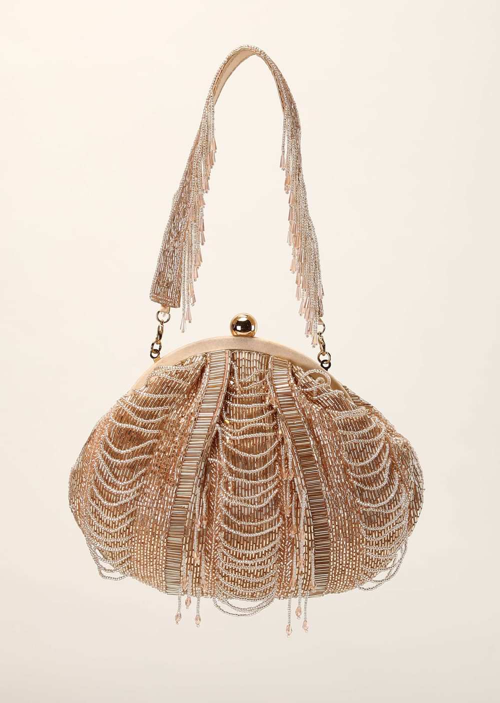 Rose Gold Embroidered Clutch With Cut Dana Work And Beaded Loops