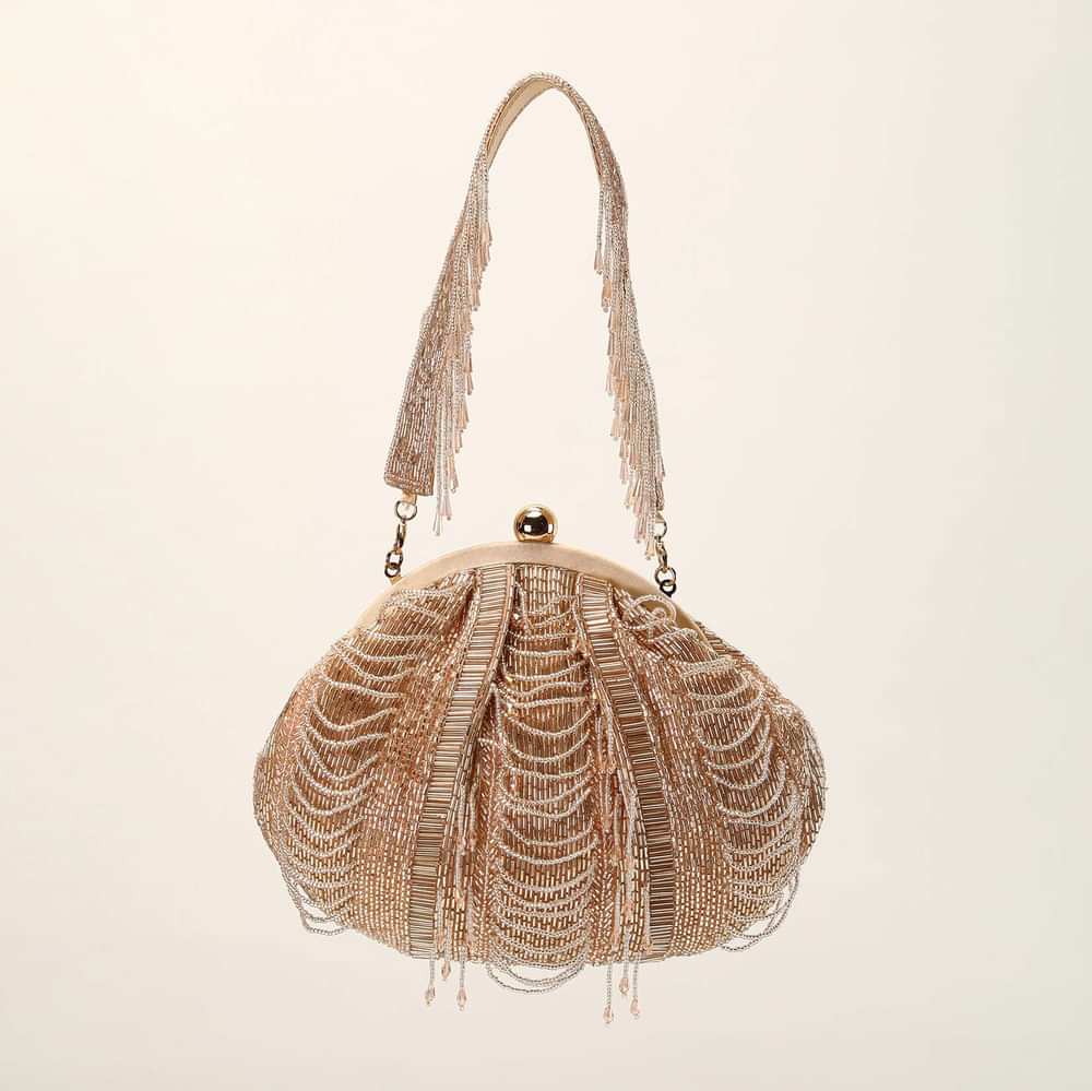 Rose Gold Embroidered Clutch With Cut Dana Work And Beaded Loops