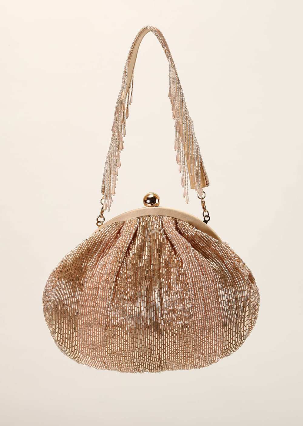Rose Gold Embroidered Clutch With Cut Dana Work And Beaded Loops