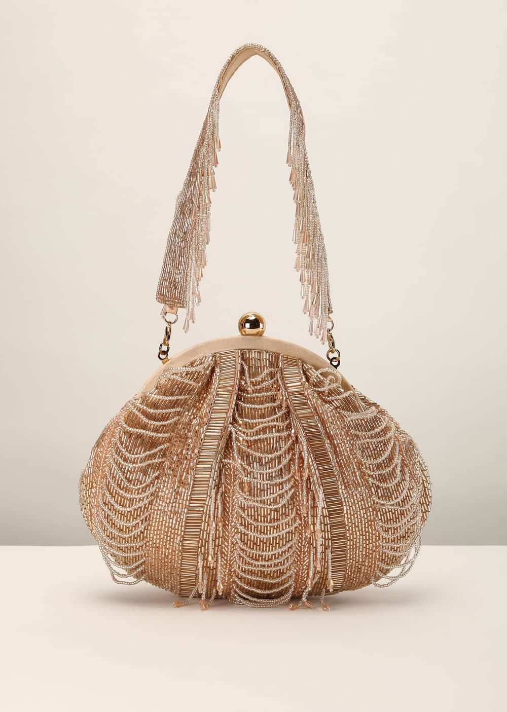Rose Gold Embroidered Clutch With Cut Dana Work And Beaded Loops