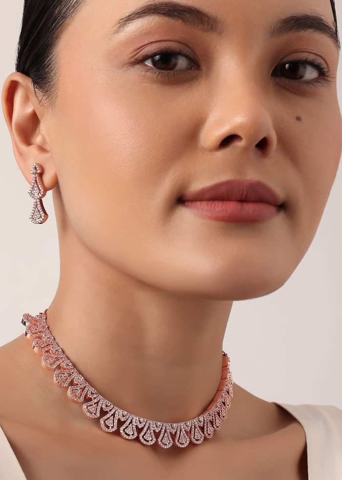 Rose Gold Finish Geometric Necklace Set With Zircon Stones