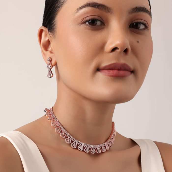 Rose Gold Finish Geometric Necklace Set With Zircon Stones