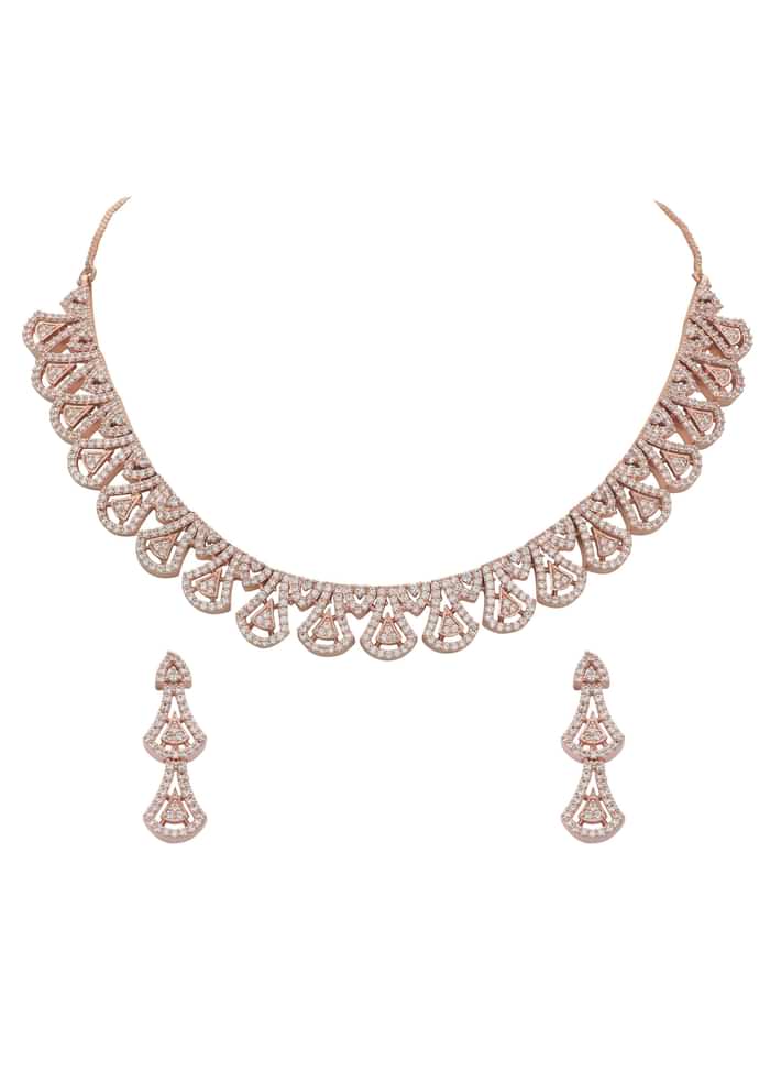Rose Gold Finish Geometric Necklace Set With Zircon Stones