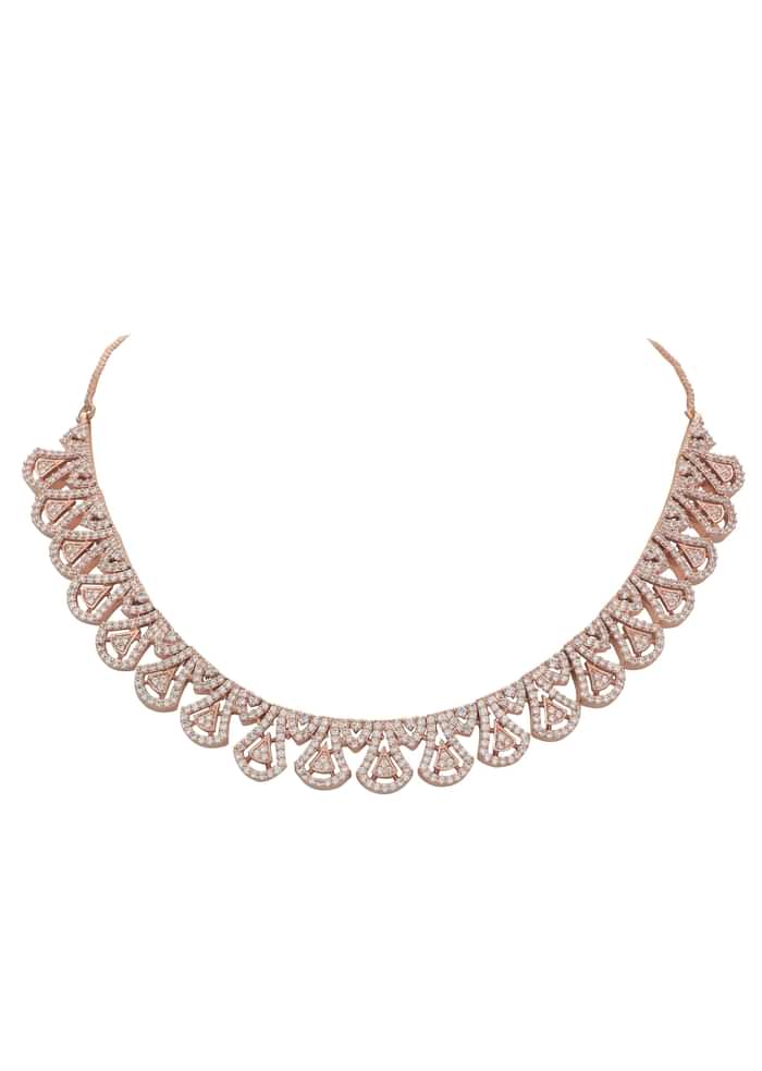 Rose Gold Finish Geometric Necklace Set With Zircon Stones