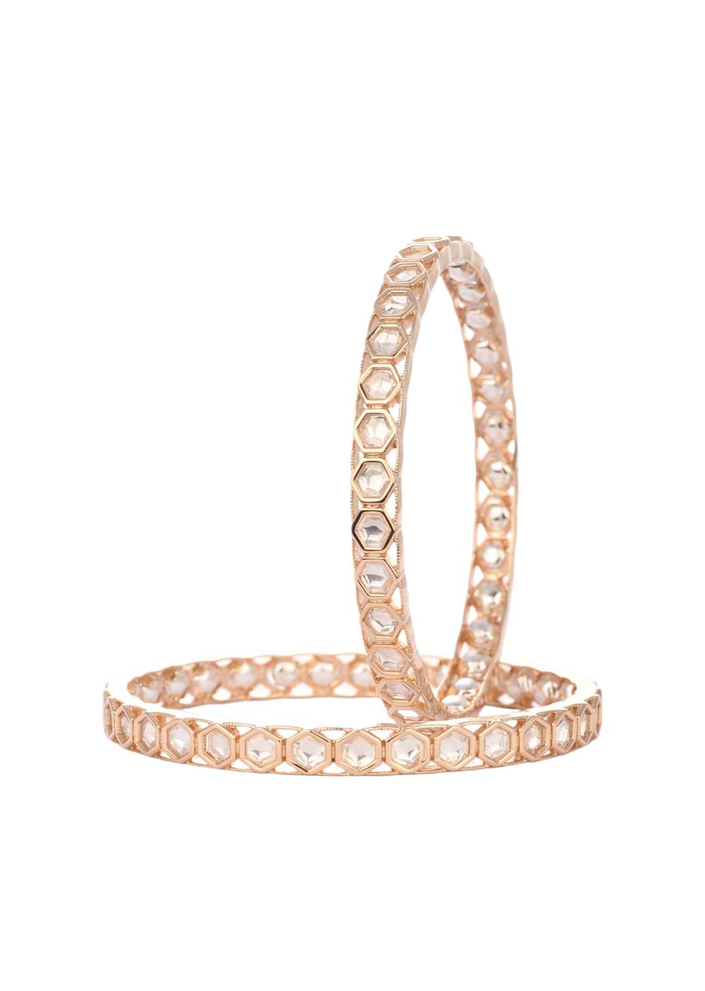 Rose Gold Handcrafted Bangles In Mixed Metal Kundan Polki