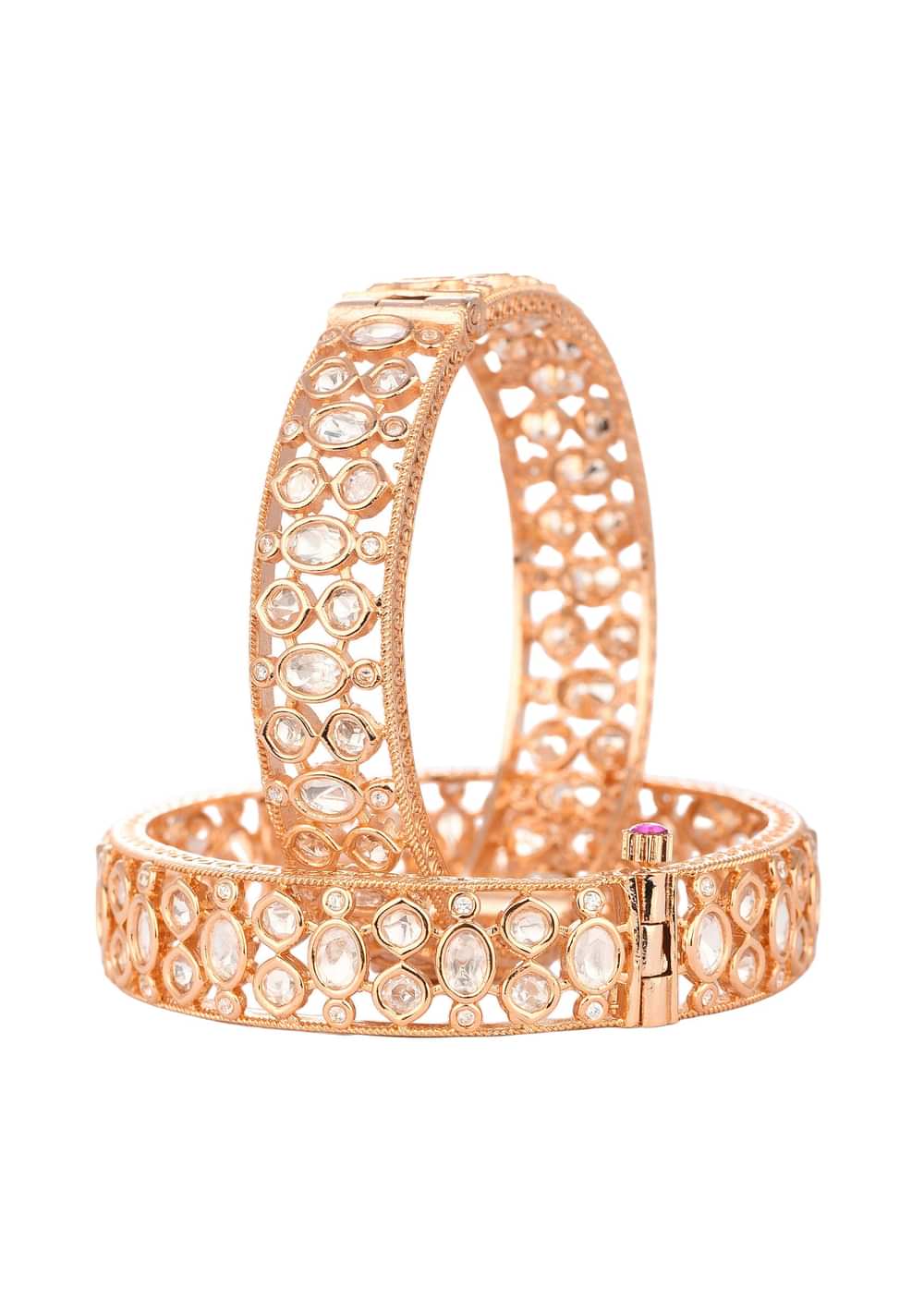 Rose Gold Mixed Metal Bangles In Kundan Polki