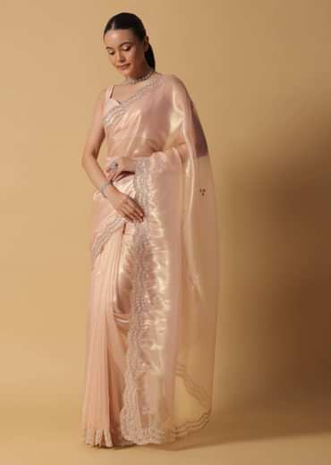 Rose Gold Toned Foil Saree In Tissue With Cut Dana Embroidered Borders
