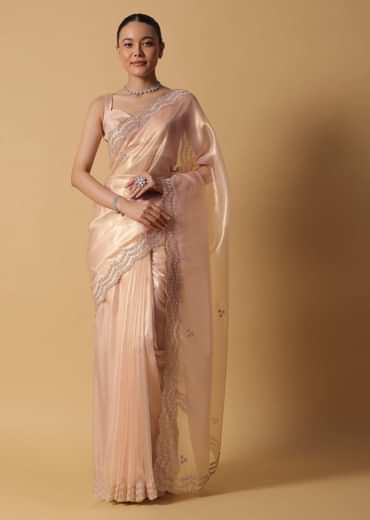 Rose Gold Toned Foil Saree In Tissue With Cut Dana Embroidered Borders