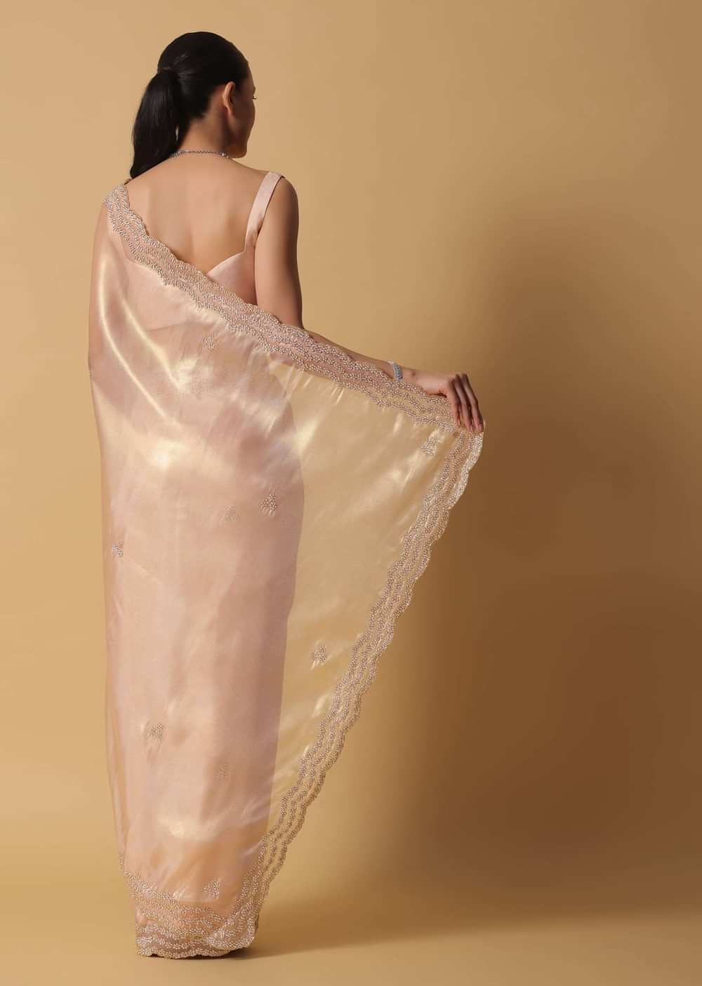 Rose Gold Toned Foil Saree In Tissue With Cut Dana Embroidered Borders