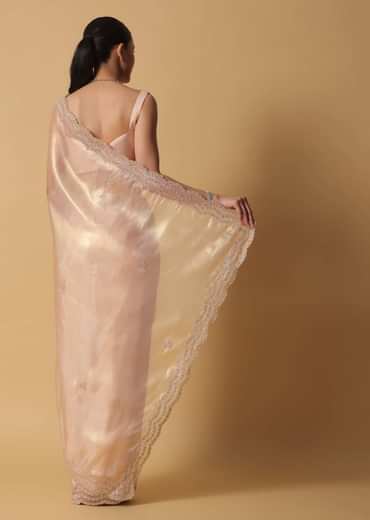 Rose Gold Toned Foil Saree In Tissue With Cut Dana Embroidered Borders