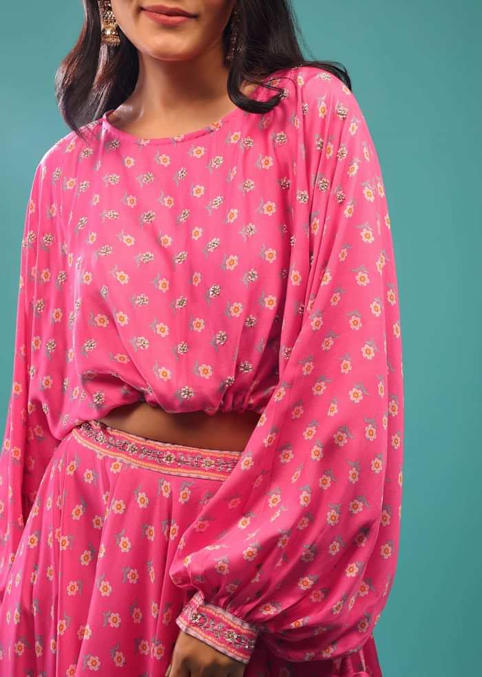 Rose Pink Crop Top And Skirt With Floral Print