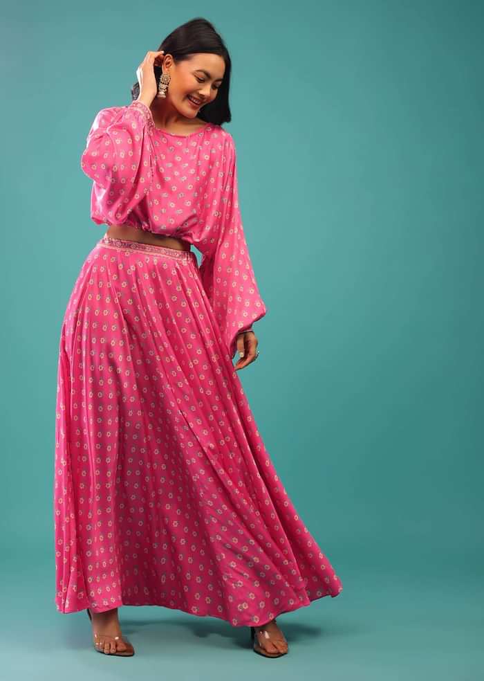 Rose Pink Crop Top And Skirt With Floral Print