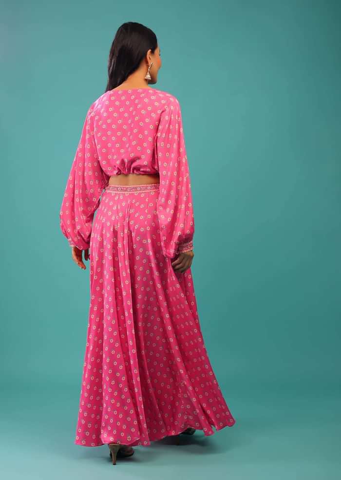 Rose Pink Crop Top And Skirt With Floral Print