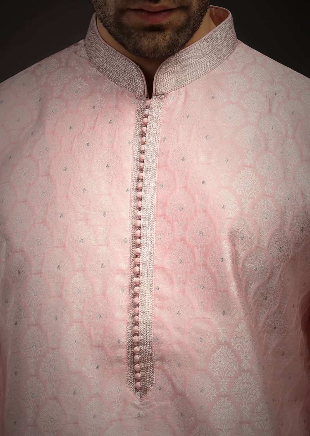Rose Pink Kurta Set In Brocade Silk With Woven Design All Over And Zari Work On The Placket