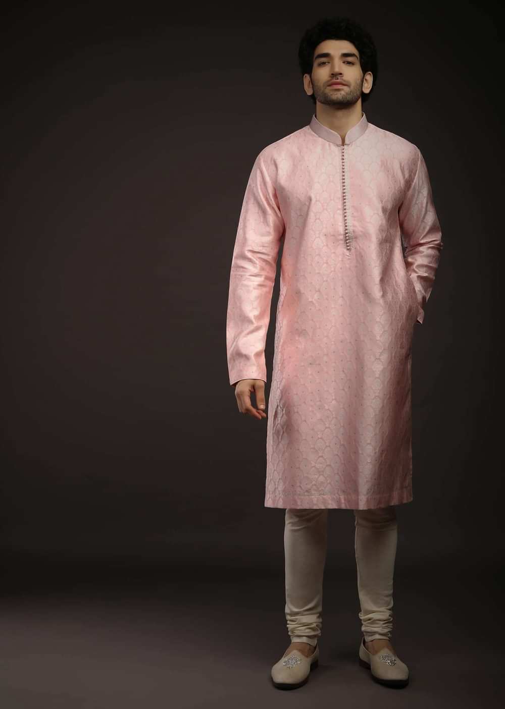 Rose Pink Kurta Set In Brocade Silk With Woven Design All Over And Zari Work On The Placket