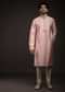 Rose Pink Kurta Set In Brocade Silk With Woven Design All Over And Zari Work On The Placket