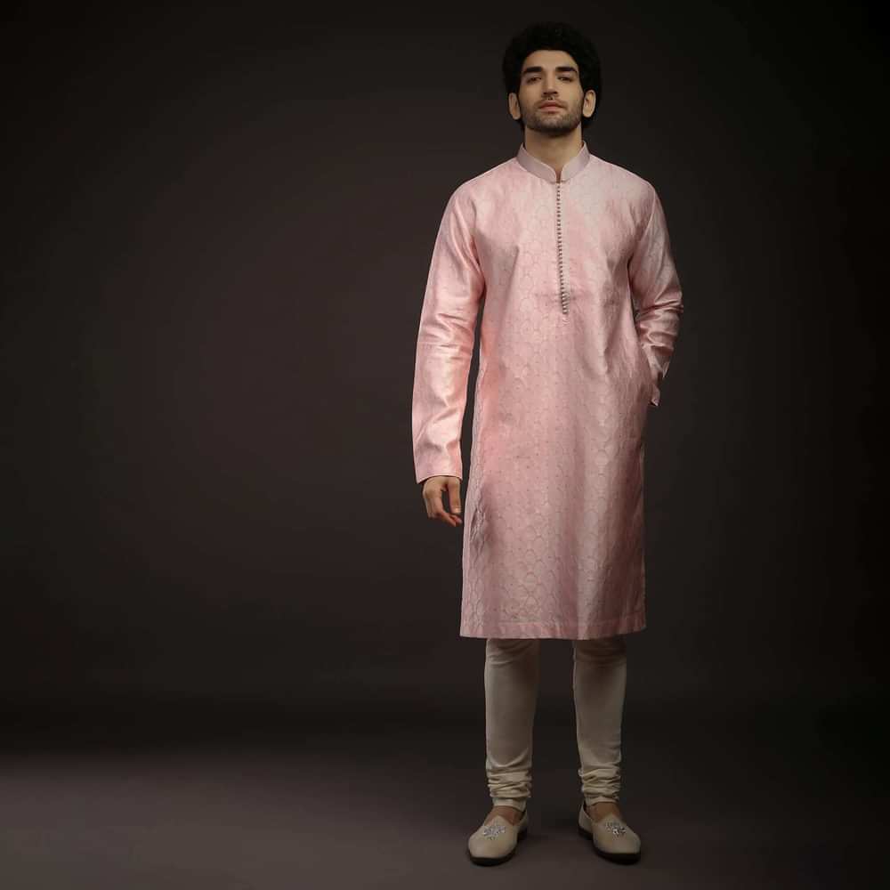 Rose Pink Kurta Set In Brocade Silk With Woven Design All Over And Zari Work On The Placket