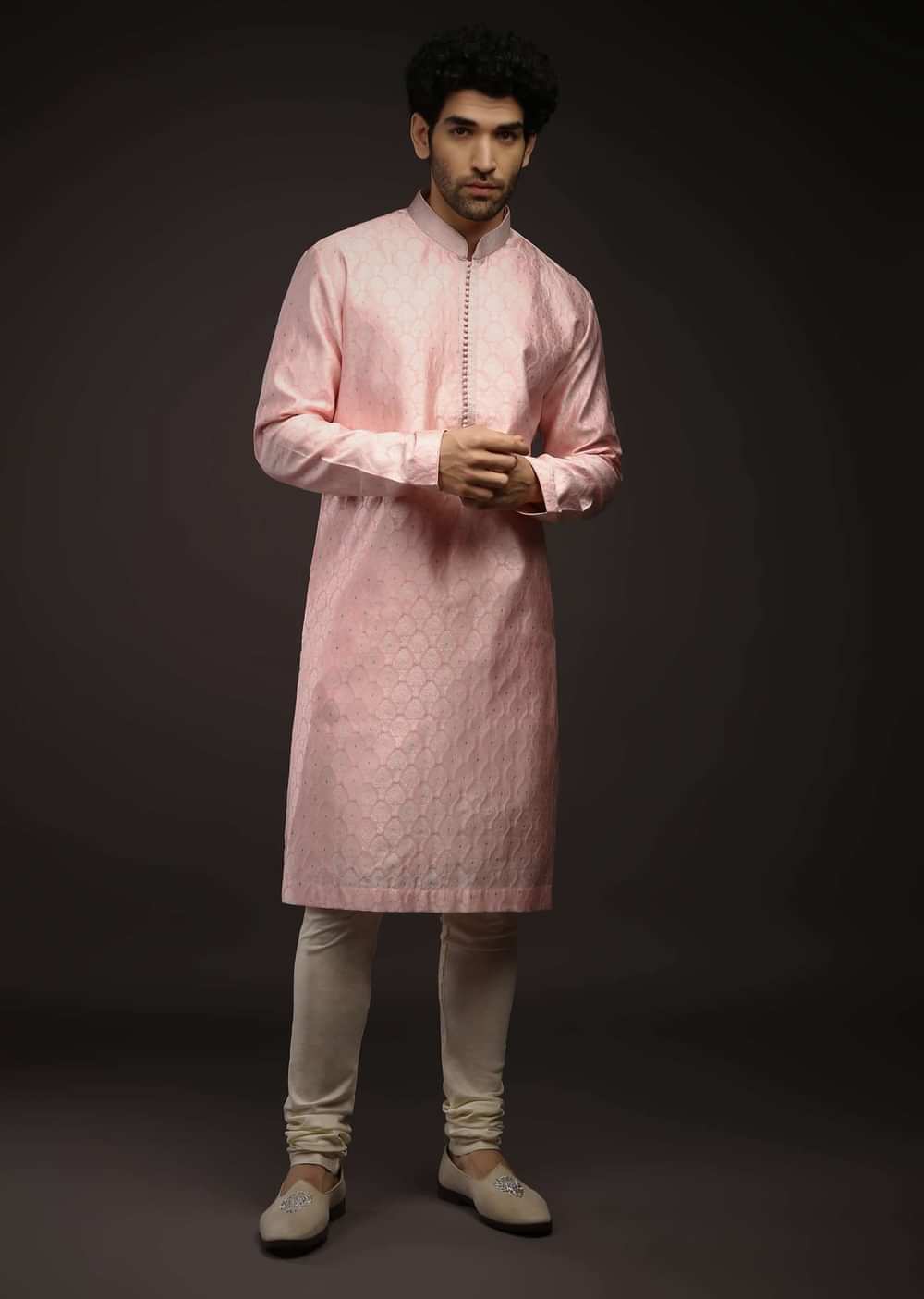 Rose Pink Kurta Set In Brocade Silk With Woven Design All Over And Zari Work On The Placket