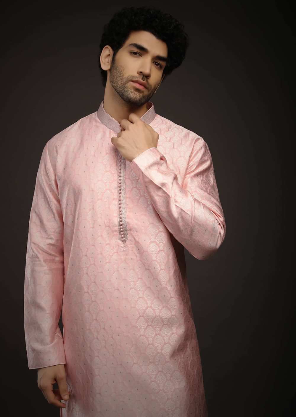 Rose Pink Kurta Set In Brocade Silk With Woven Design All Over And Zari Work On The Placket