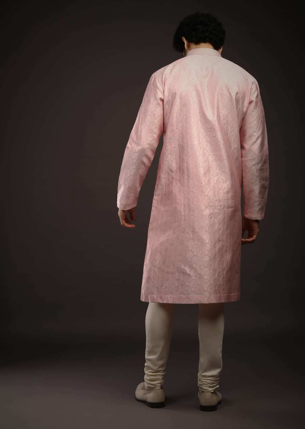Rose Pink Kurta Set In Brocade Silk With Woven Design All Over And Zari Work On The Placket