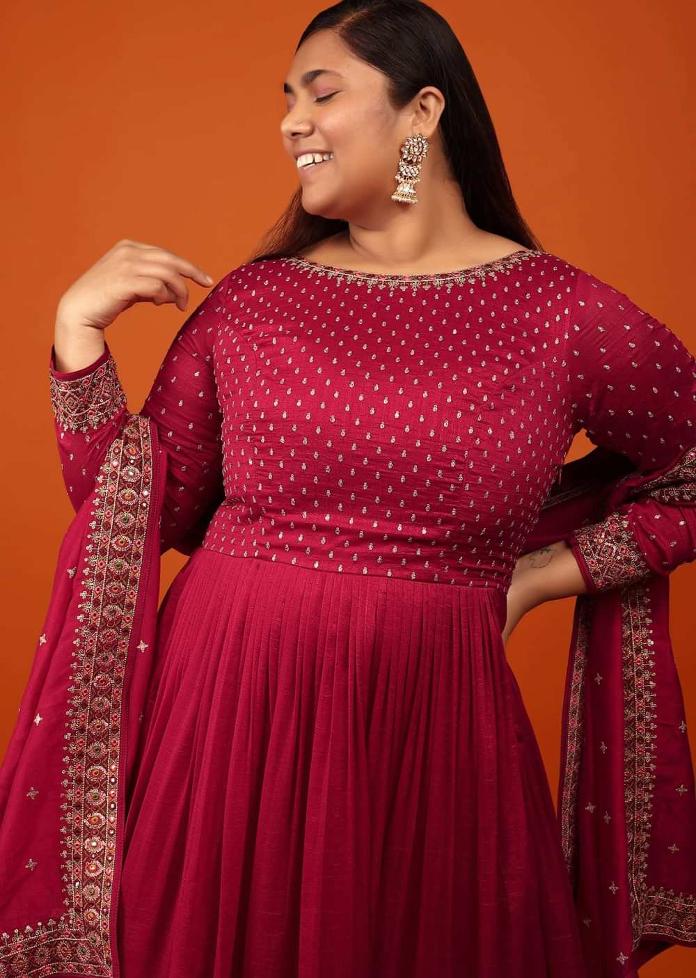 Rose Red Anarkali Suit In Georgette With Zari And Multi-Colored Resham Embroidery