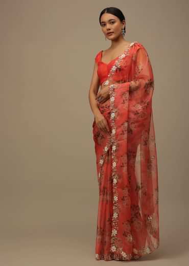 Rose Red Embroidered Saree In Organza With Vibrant Floral Print