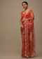 Rose Red Embroidered Saree In Organza With Vibrant Floral Print