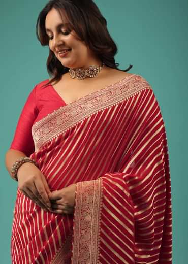 Rose Red Georgette Saree With Brocade Woven Diagonal Stripes And Floral Border