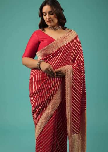 Rose Red Georgette Saree With Brocade Woven Diagonal Stripes And Floral Border