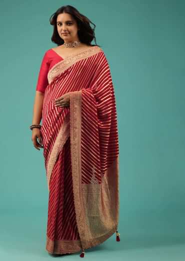 Rose Red Georgette Saree With Brocade Woven Diagonal Stripes And Floral Border