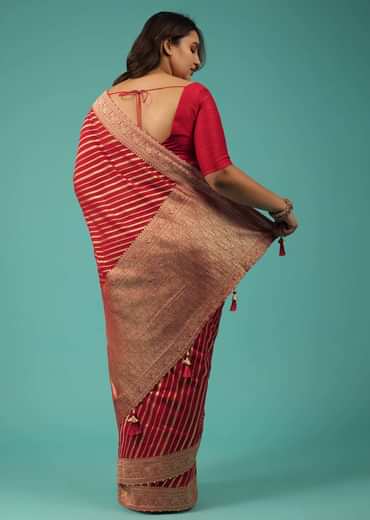 Rose Red Georgette Saree With Brocade Woven Diagonal Stripes And Floral Border