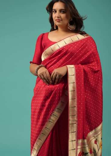 Rose Red Silk Bandhani Saree With An Unstitched Blouse
