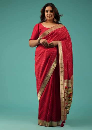 Rose Red Silk Bandhani Saree With An Unstitched Blouse