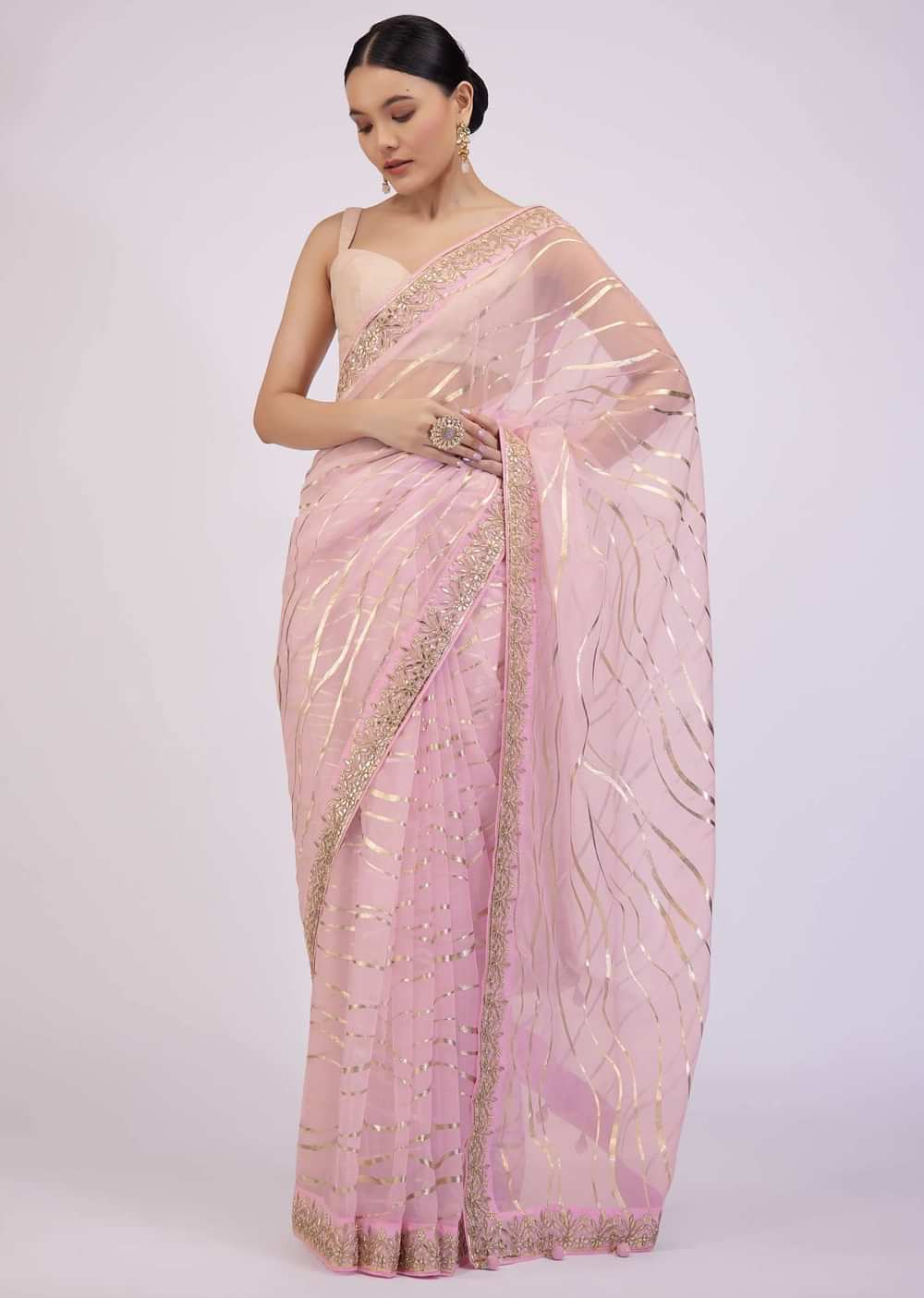 Onion Pink Saree In Organza With Foil Print And Embroidery