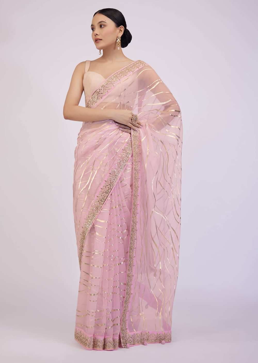 Onion Pink Saree In Organza With Foil Print And Embroidery