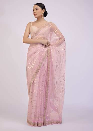 Onion Pink Saree In Organza With Foil Print And Embroidery