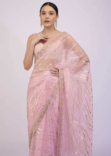 Onion Pink Saree In Organza With Foil Print And Embroidery