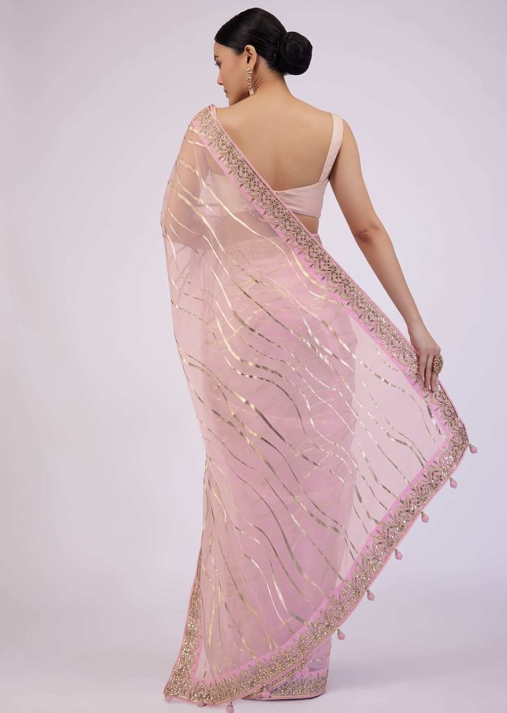 Onion Pink Saree In Organza With Foil Print And Embroidery