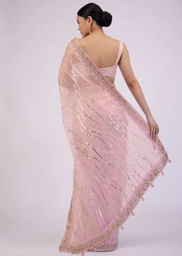 Onion Pink Saree In Organza With Foil Print And Embroidery