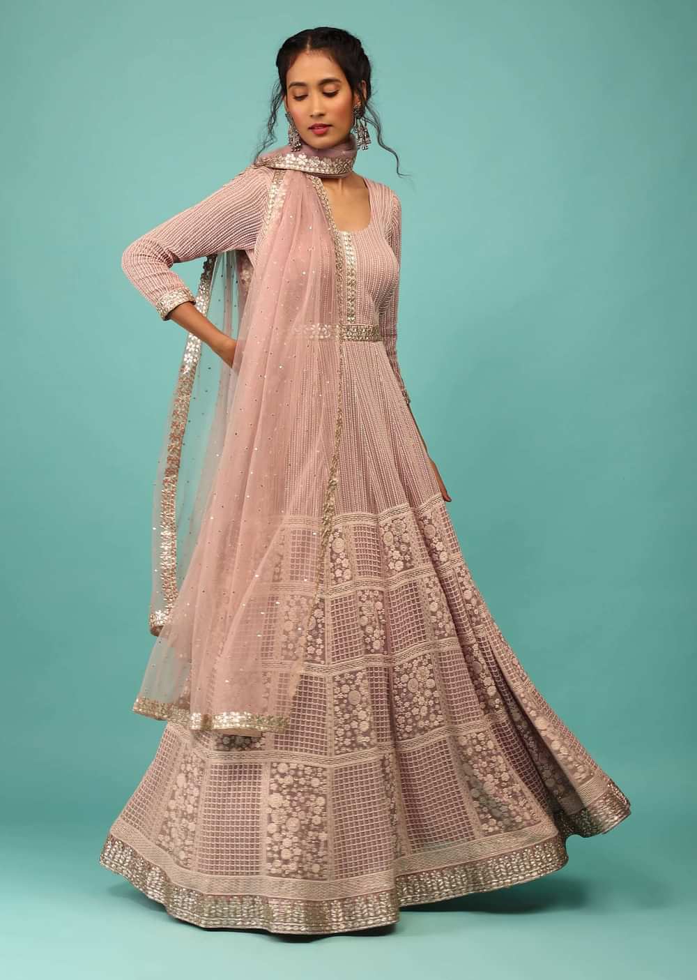 Rose Pink Anarkali Suit Fully Embroidered In Chikankari With Sequins And Thread