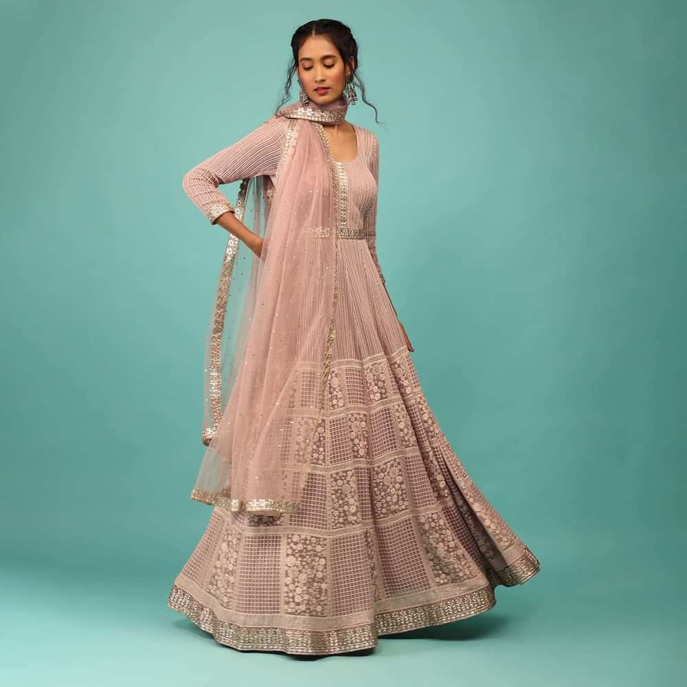 Rose Pink Anarkali Suit Fully Embroidered In Chikankari With Sequins And Thread