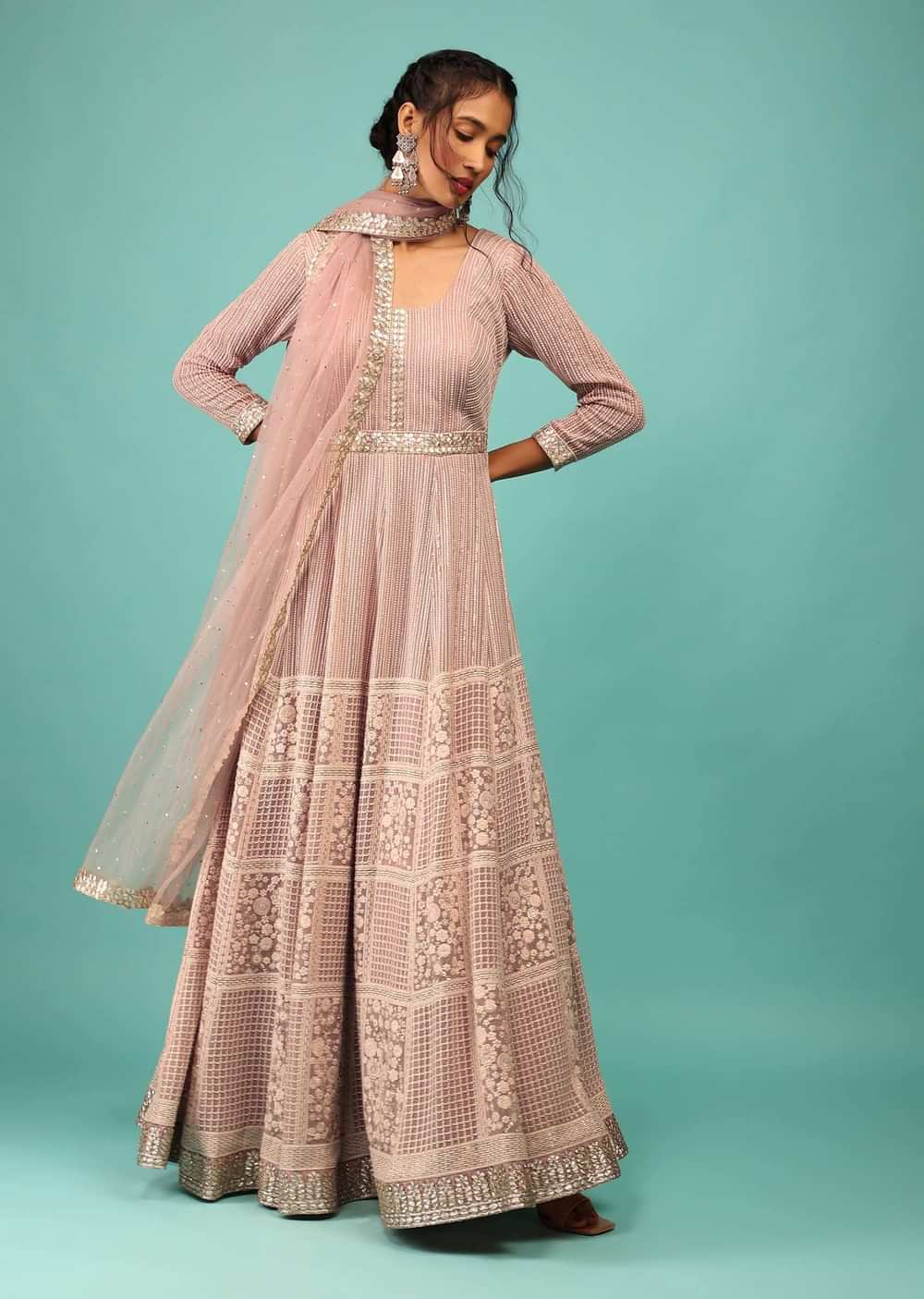 Rose Pink Anarkali Suit Fully Embroidered In Chikankari With Sequins And Thread