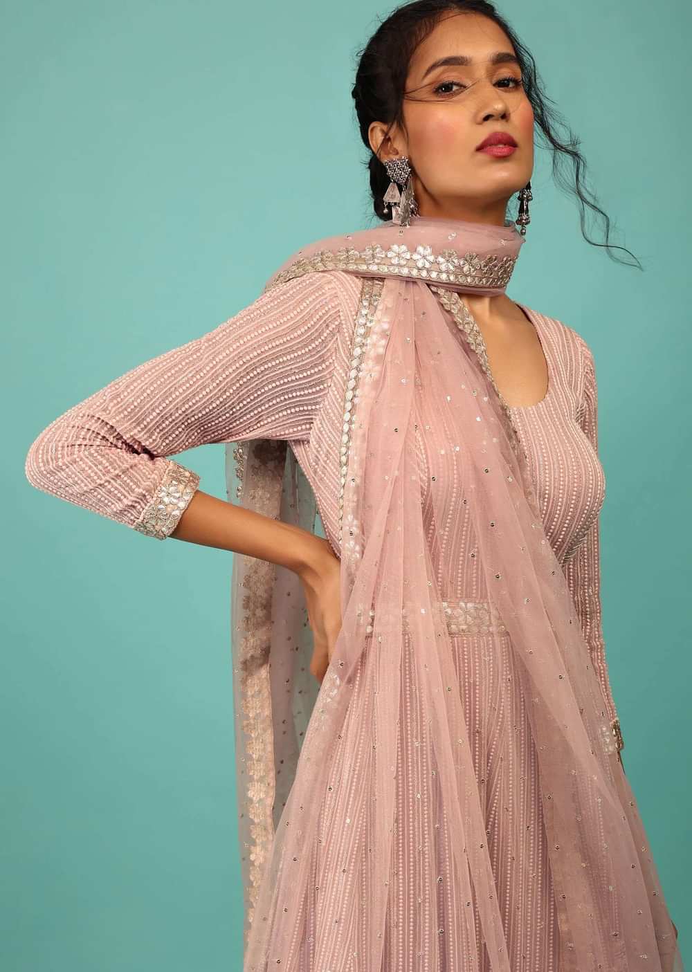 Rose Pink Anarkali Suit Fully Embroidered In Chikankari With Sequins And Thread
