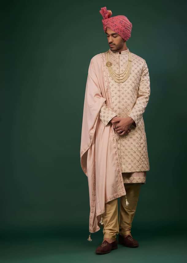 Powder Pink Raw Silk Sherwani Set With Embroidery