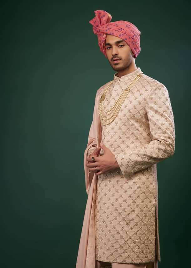 Powder Pink Raw Silk Sherwani Set With Embroidery