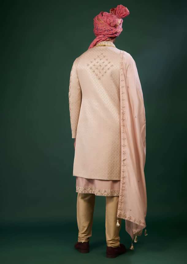 Powder Pink Raw Silk Sherwani Set With Embroidery